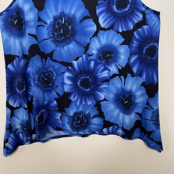 ONLY‎ 9 Blue Black Floral Print Asymmetrical Tank Top Liquid Slinky Knit Sz 4X - Picture 3 of 8